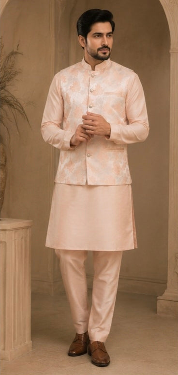 Men's Peach Floral Nehru Jacket Kurta Pajama Set – Premium Wedding & Festive Ethnic Wear