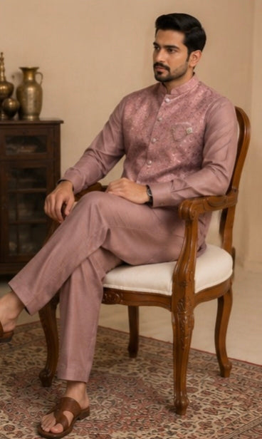 Men's Dusty Rose Embroidered Nehru Jacket with Kurta – Premium Wedding & Festive Ethnic Wear