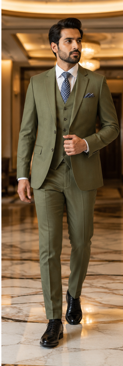 Men's Olive Green Tailored Fit 3-Piece Formal Suit for Business & Wedding Wear