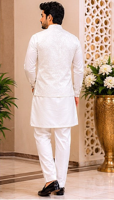 Men's White Floral Nehru Jacket Kurta Pajama Set – Premium Wear