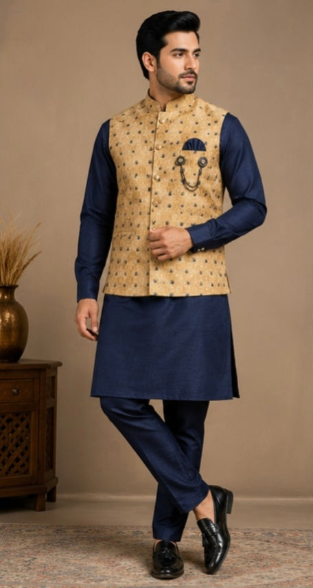 Men's Navy Blue Kurta Pajama with Beige Printed Nehru Jacket Set