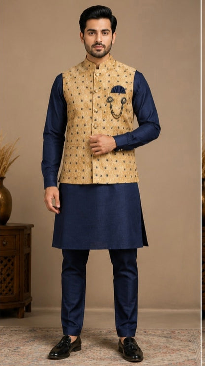 Men's Navy Blue Kurta Pajama with Beige Printed Nehru Jacket Set