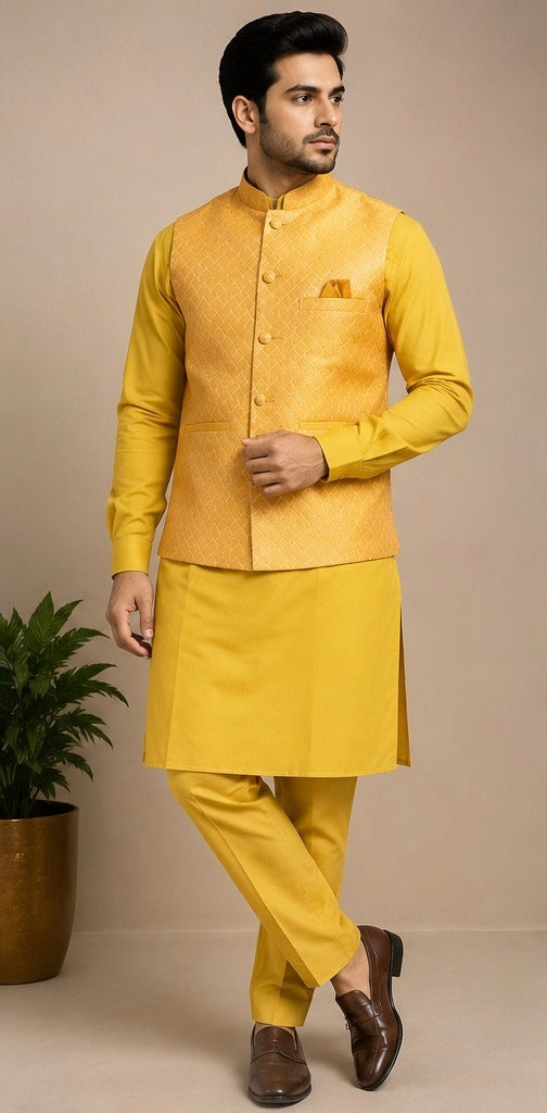 Men's Mustard Yellow Kurta Pajama with Golden Nehru Jacket Set