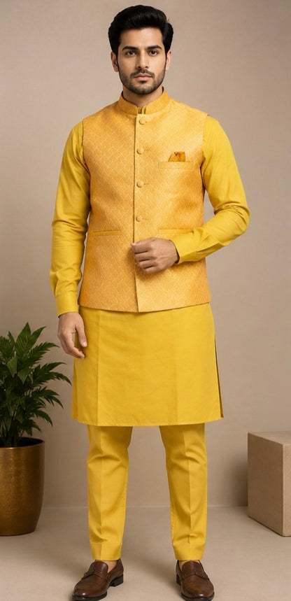 Men's Mustard Yellow Kurta Pajama with Golden Nehru Jacket Set