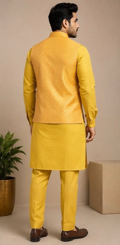 Men's Mustard Yellow Kurta Pajama with Golden Nehru Jacket Set