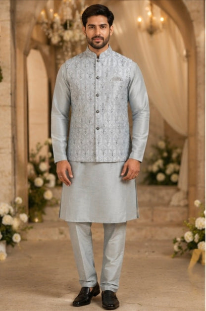 Men's Silver Grey Embroidered Kurta Pajama with Designer Nehru Jacket – Wedding & Festive Ethnic Set