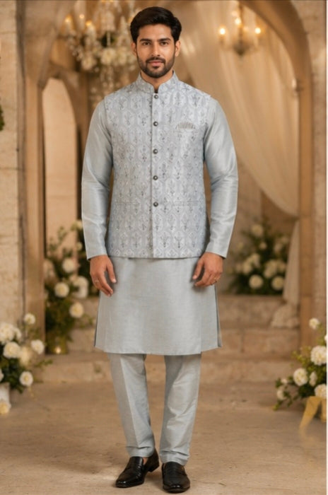 Men's Silver Grey Embroidered Kurta Pajama with Designer Nehru Jacket – Wedding & Festive Ethnic Set