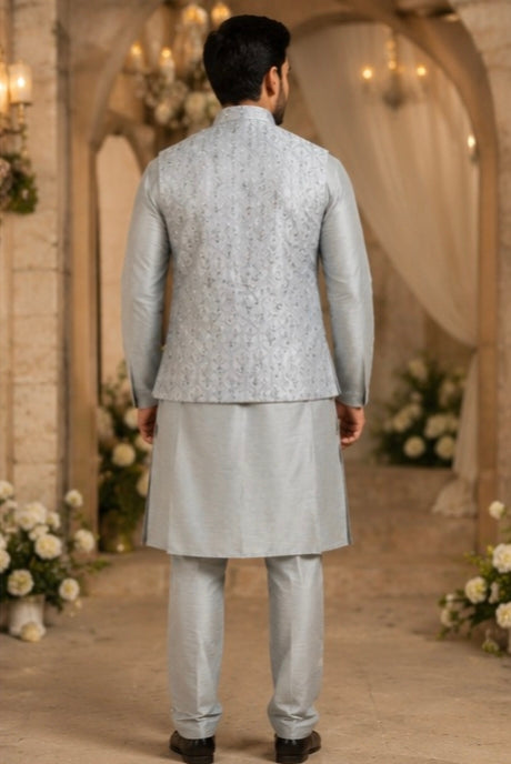 Men's Silver Grey Embroidered Kurta Pajama with Designer Nehru Jacket – Wedding & Festive Ethnic Set
