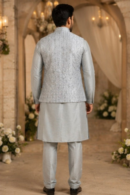 Men's Silver Grey Embroidered Kurta Pajama with Designer Nehru Jacket – Wedding & Festive Ethnic Set