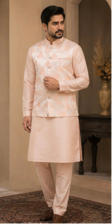 Men's Peach Floral Nehru Jacket Kurta Pajama Set – Premium Wedding & Festive Ethnic Wear