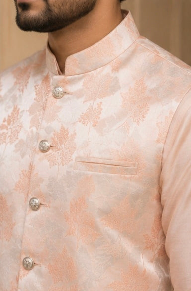 Men's Peach Floral Nehru Jacket Kurta Pajama Set – Premium Wedding & Festive Ethnic Wear