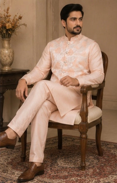 Men's Peach Floral Nehru Jacket Kurta Pajama Set – Premium Wedding & Festive Ethnic Wear