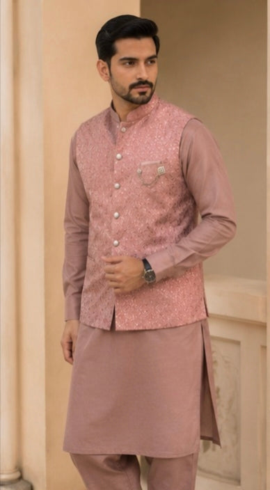 Men's Dusty Rose Embroidered Nehru Jacket with Kurta – Premium Wedding & Festive Ethnic Wear