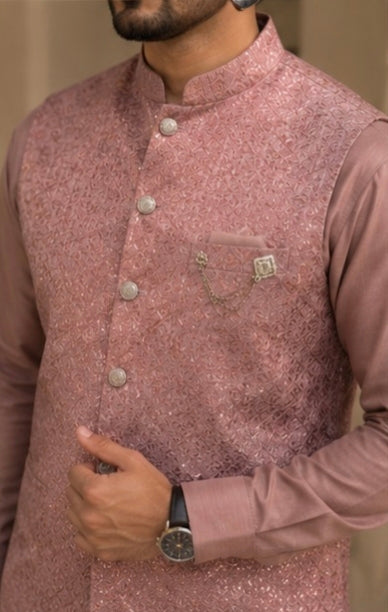 Men's Dusty Rose Embroidered Nehru Jacket with Kurta – Premium Wedding & Festive Ethnic Wear