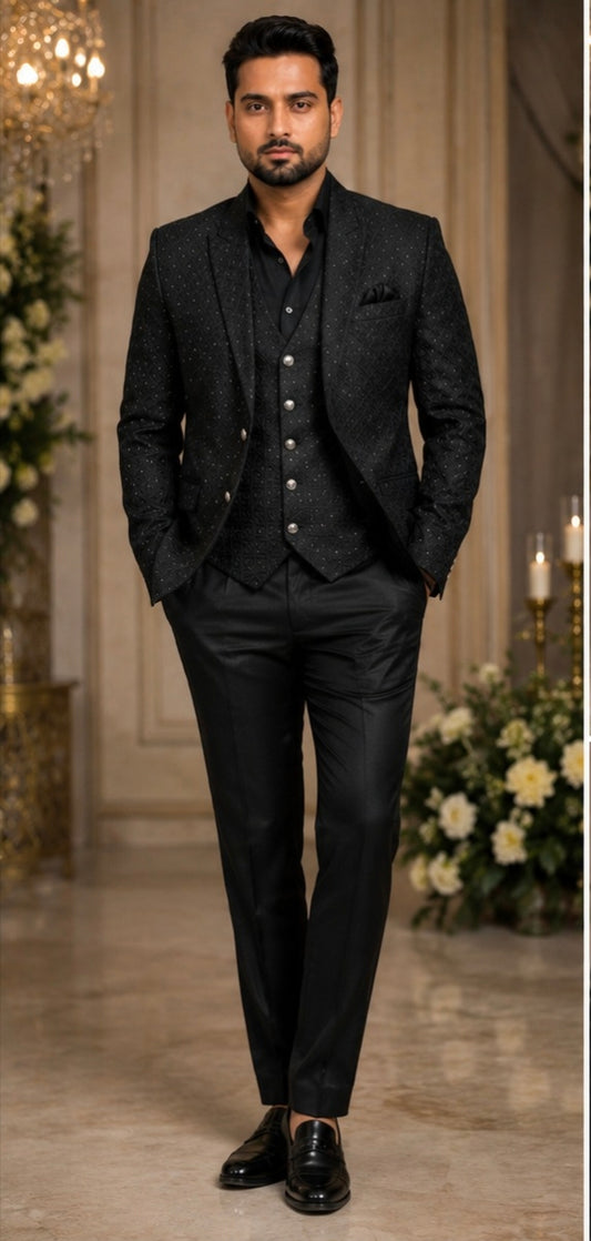 Men's Premium Black 3-Piece Party Wear Suit Set | Blazer, Waistcoat & Trouser