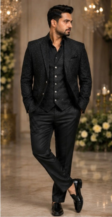 Men's Premium Black 3-Piece Party Wear Suit Set | Blazer, Waistcoat & Trouser