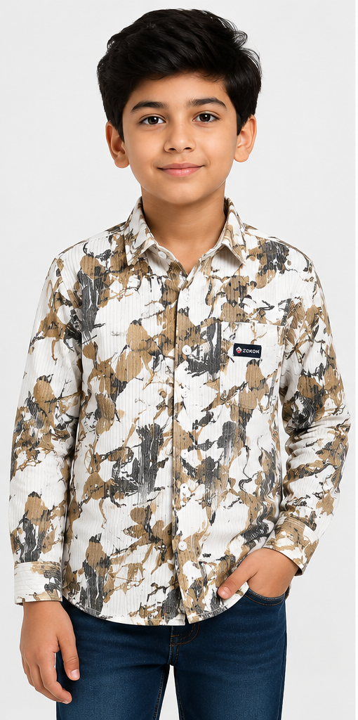Boys Beige Abstract Print Casual Shirt