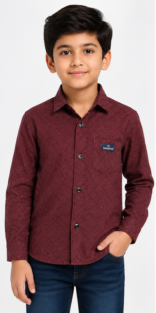 Boys Maroon Textured Full Sleeve Casual Shirt for Kids