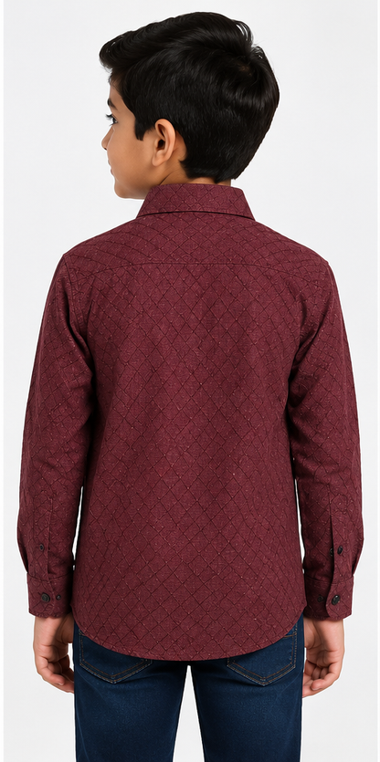 Boys Maroon Textured Full Sleeve Casual Shirt for Kids