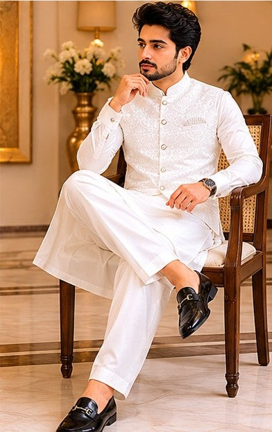 Men's White Floral Nehru Jacket Kurta Pajama Set – Premium Wear