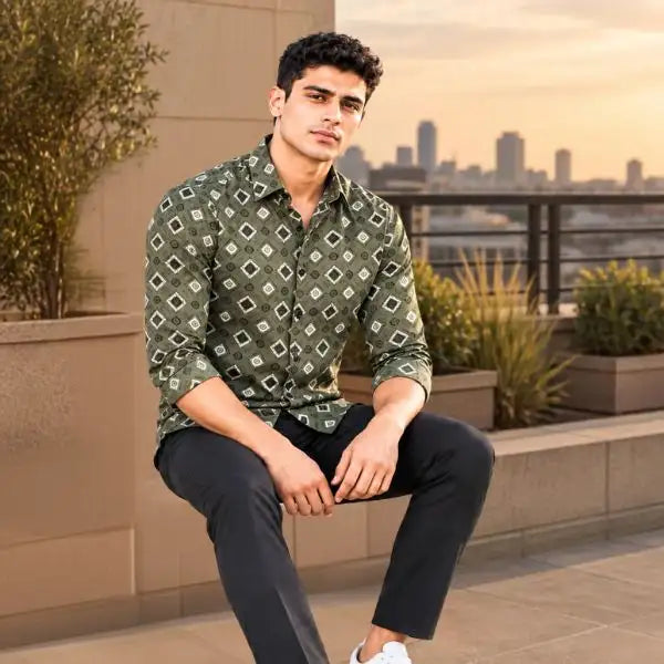 Men’s Premium Olive Green Geometric Diamond Print Full Sleeve Classic