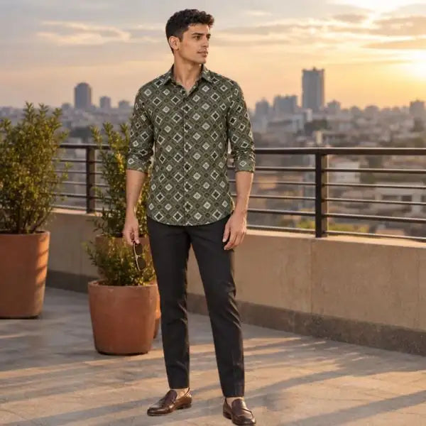 Men’s Premium Olive Green Geometric Diamond Print Full Sleeve Classic