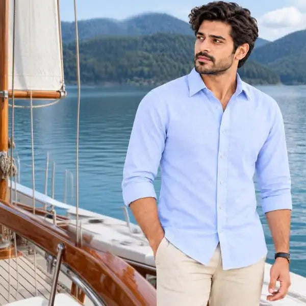Men’s Premium Sky Blue Solid Full Sleeve Classic Collar Button-Down Casual Shirt