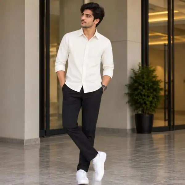 Men’s Premium White Solid Full Sleeve Classic Collar Button-Down Casual Shirt
