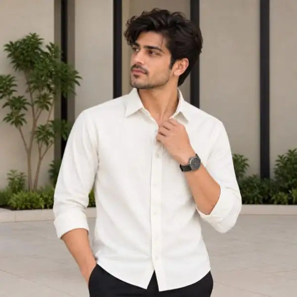 Men’s Premium White Solid Full Sleeve Classic Collar Button-Down Casual Shirt