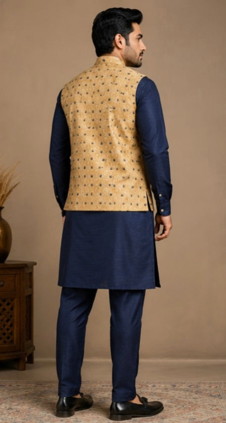 Men's Navy Blue Kurta Pajama with Beige Printed Nehru Jacket Set
