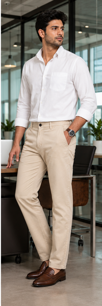 Men's Cream Slim Fit Cotton Pant