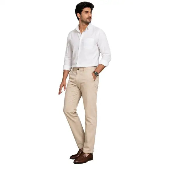 Men Cream Slim Fit Cotton Pant