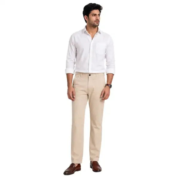 Men Cream Slim Fit Cotton Pant