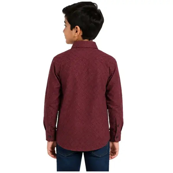 Boys Maroon Textured Full Sleeve Casual Shirt For Kids