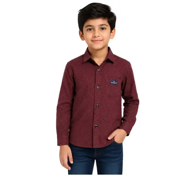 Boys Maroon Textured Full Sleeve Casual Shirt For Kids