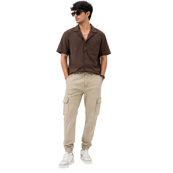 Men’s Beige Cargo Pants – Slim Fit Multi-Pocket Utility Trousers