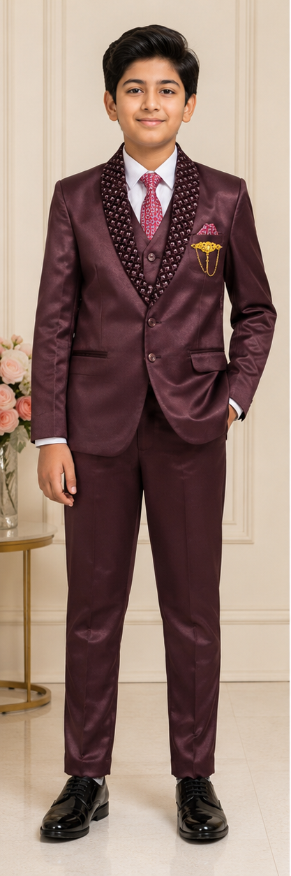 Boys' Maroon Tailored Fit 5-Piece Formal Suit Set for Wedding & Party Wear