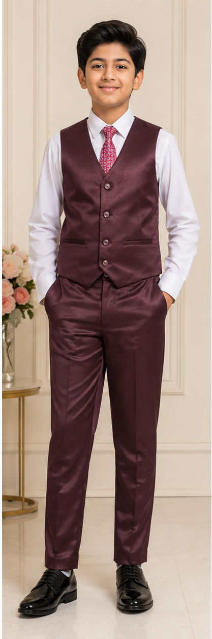 Boys' Maroon Tailored Fit 5-Piece Formal Suit Set for Wedding & Party Wear