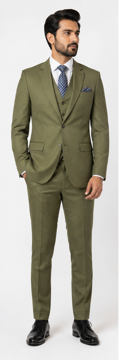 Men's Olive Green Tailored Fit 3-Piece Formal Suit for Business & Wedding Wear