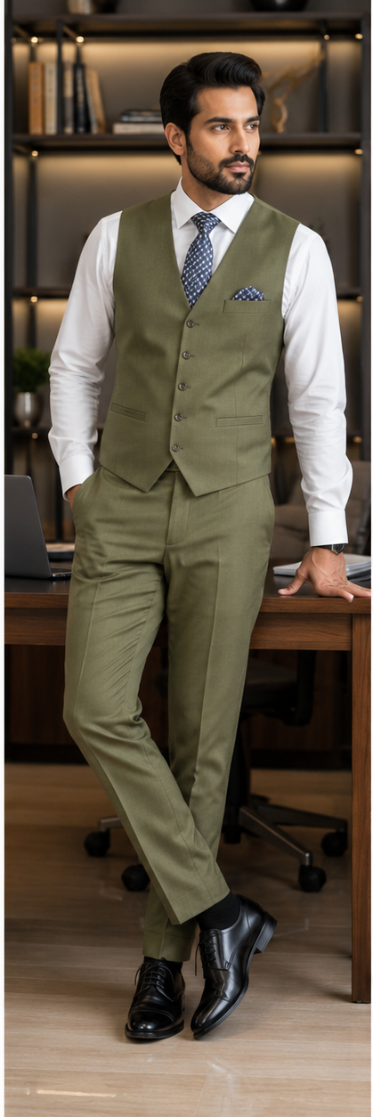 Men's Olive Green Tailored Fit 3-Piece Formal Suit for Business & Wedding Wear