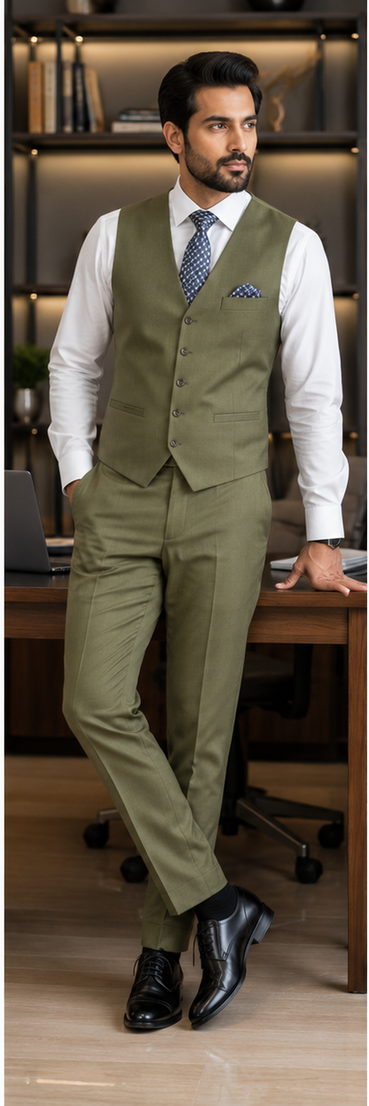 Men's Olive Green Tailored Fit 3-Piece Formal Suit for Business & Wedding Wear
