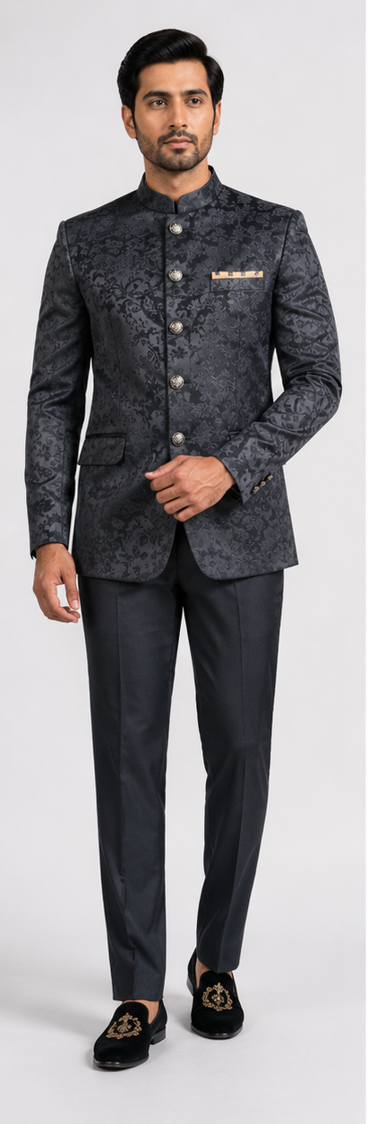 Men's Black Textured Tailored Fit Jodhpuri Suit for Wedding & Reception Wear