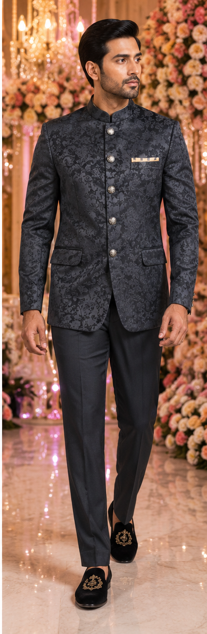 Men's Black Textured Tailored Fit Jodhpuri Suit for Wedding & Reception Wear