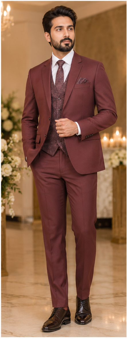 Men's Maroon 3 Piece Formal Suit