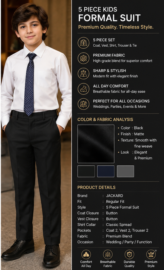 Boys Black 5 Piece Formal Suit