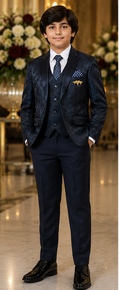 Boys Navy Blue Jacquard 5 Piece Formal Suit