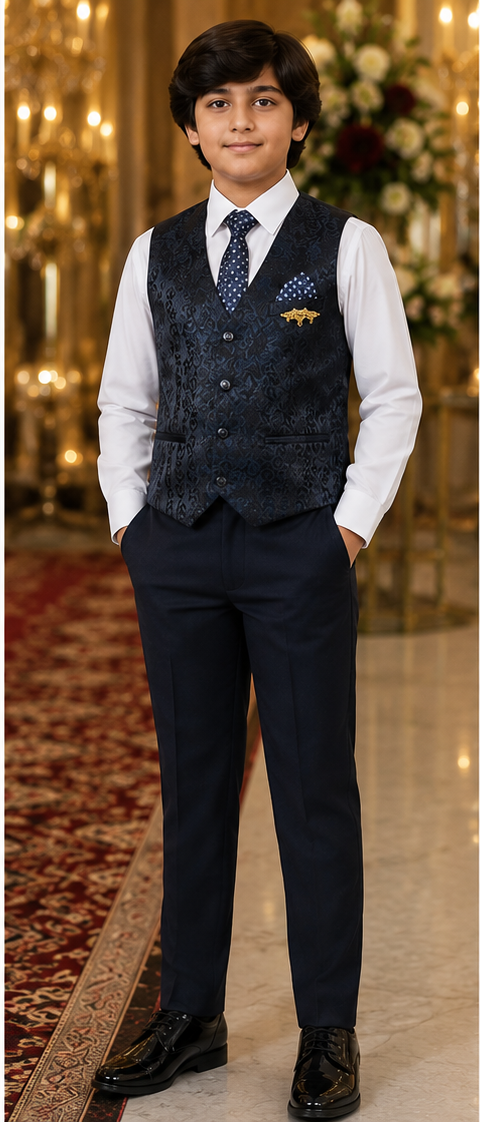 Boys Navy Blue Jacquard 5 Piece Formal Suit