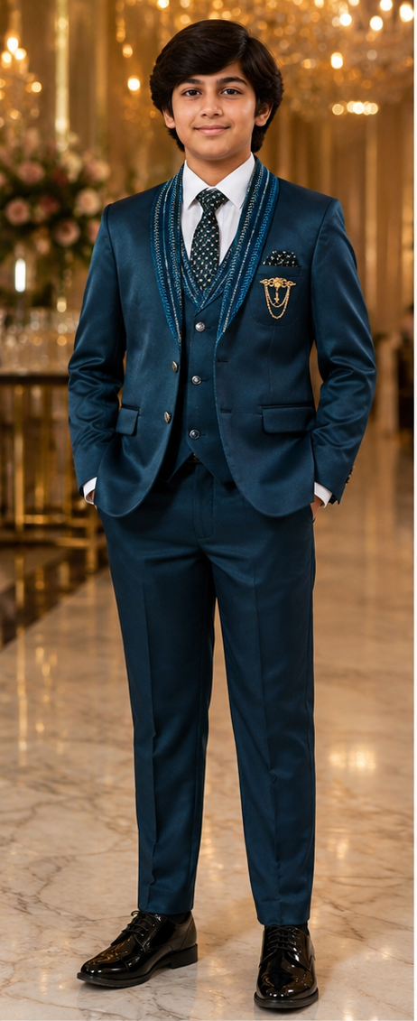 Boys Teal Blue 5 Piece Formal Suit