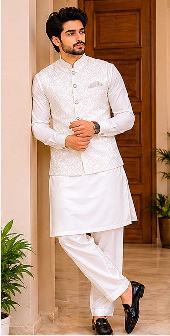 Men's White Floral Nehru Jacket Kurta Pajama Set – Premium Wear